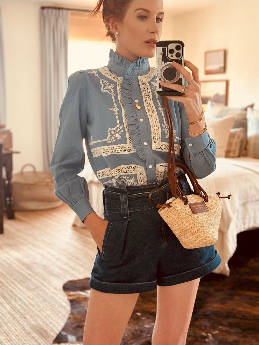 SEZANE Blue Ecru Lace Embroidered High Collar Button Down Chambray Ulysse Shirt - Picture 6 of 16